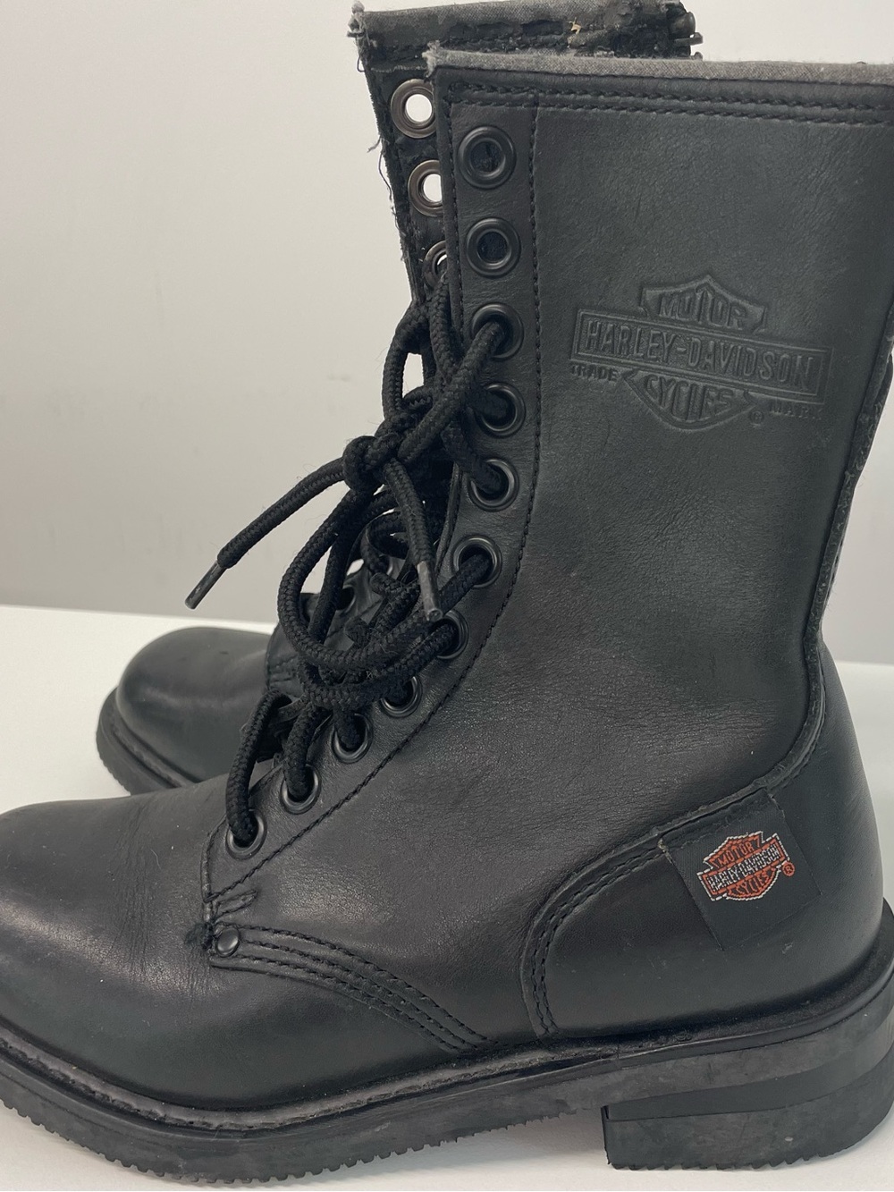 Vintage Harley-Davidson Black Leather 10-Eye Lace-Up Motorcycle Boots